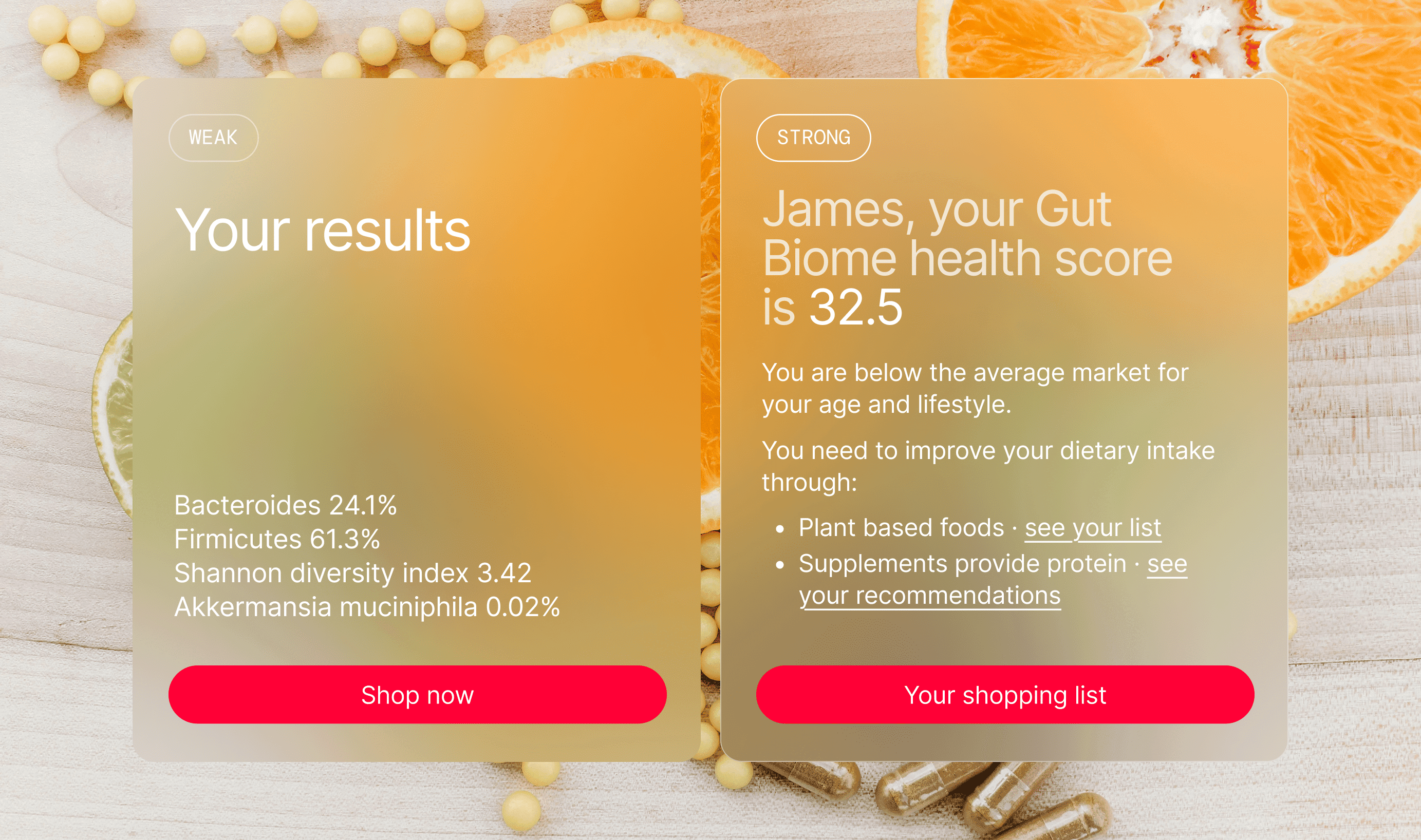 Weak versus strong gut health results page designs