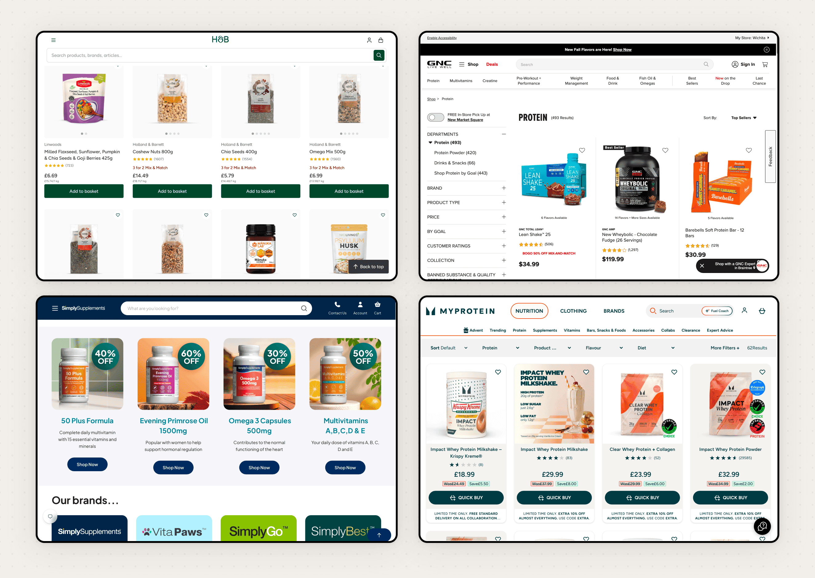 Four health supplement e-commerce sites: H&B, GNC, SimplySupplements and Myprotein